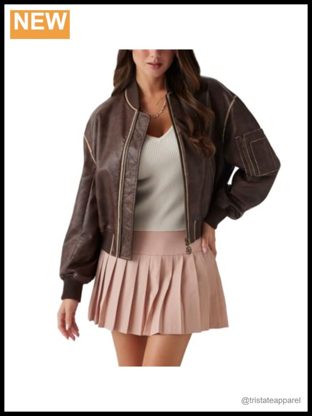 Vintage Relaxed Faux Leather Bomber Jacket with Arm Pocket